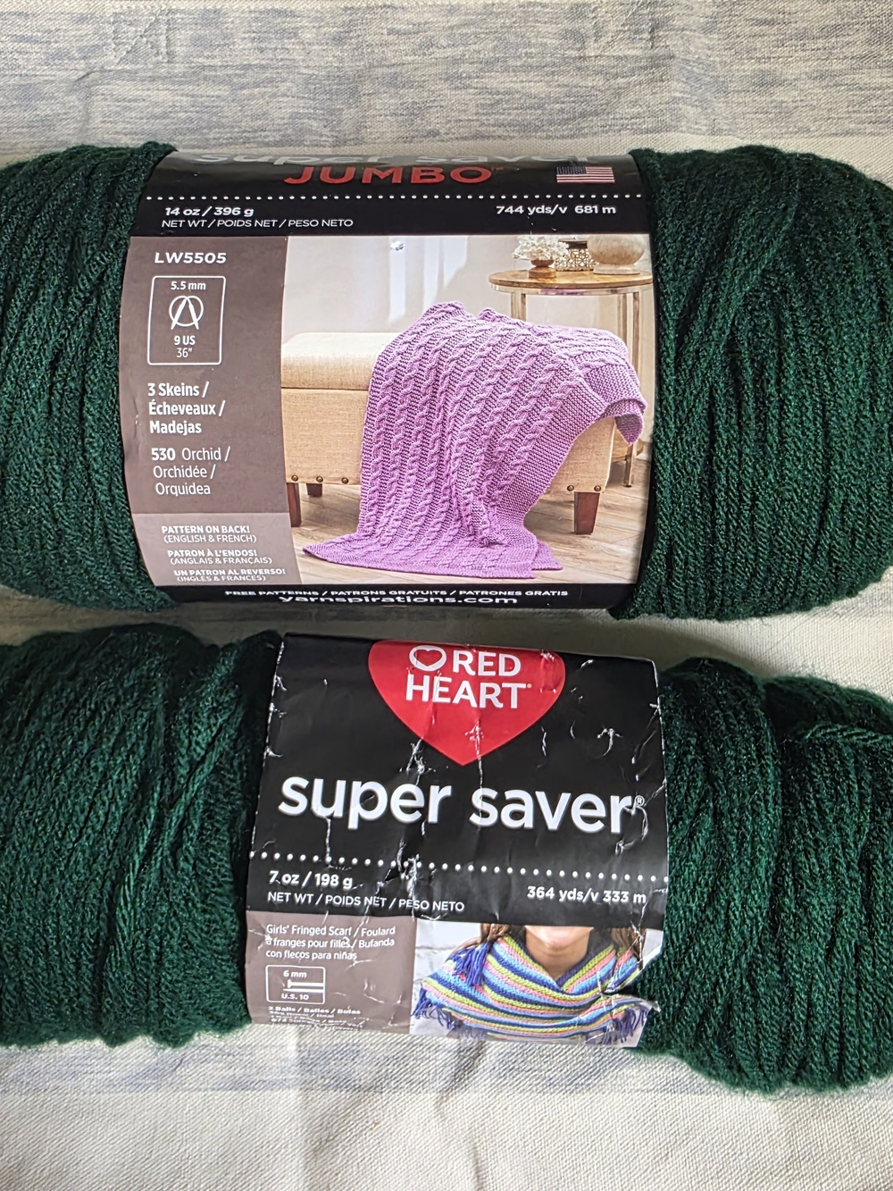 Red Heart Super Saver Jumbo + Regular Hunter Green Yarn Lot 2 Acrylic 4 Med